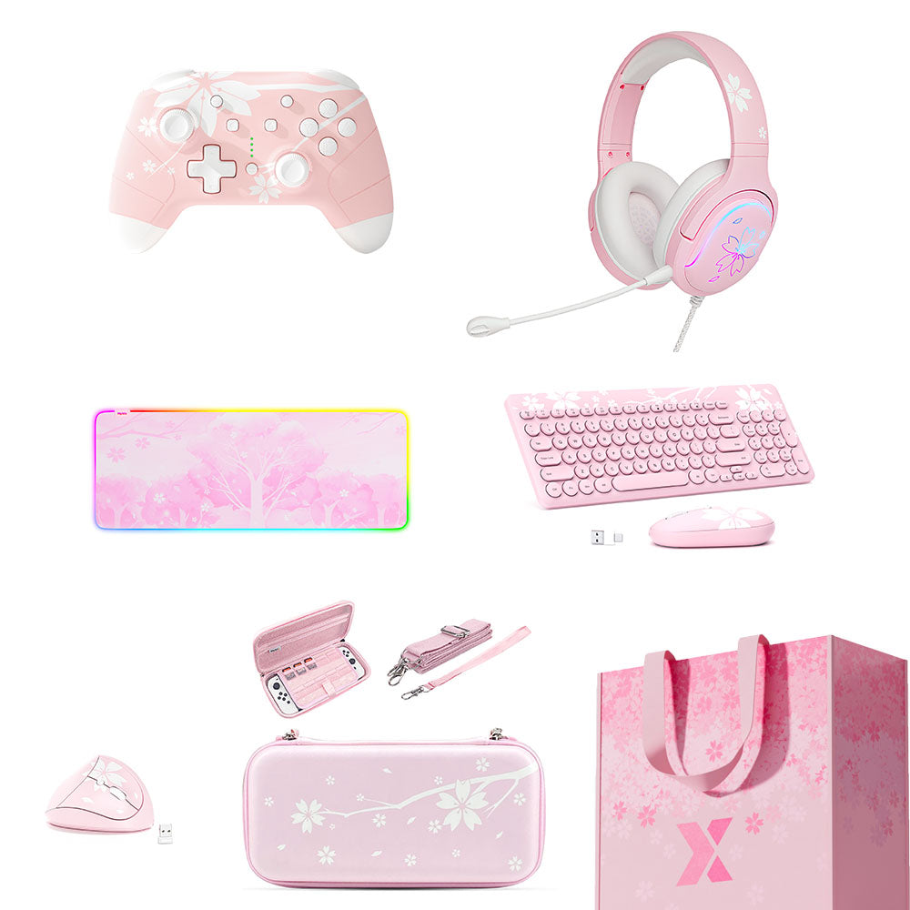 Mytrix Ultimate Cherry Collection, Sakura Themed 7 in 1 Bundle: Cherry Pink Pro Controller, Switch Case, RGB Mousepad, Wireless Keyboard & Mouse Set, Vertical Mouse, RGB Headset, Cherry Bag Mytrix Ultimate Cherry Collection, Sakura Themed 7 in 1 Bundle: Cherry Pink Pro Controller, Switch Case, RGB Mousepad, Wireless Keyboard & Mouse Set, Vertical Mouse, RGB Headset, Cherry Bag